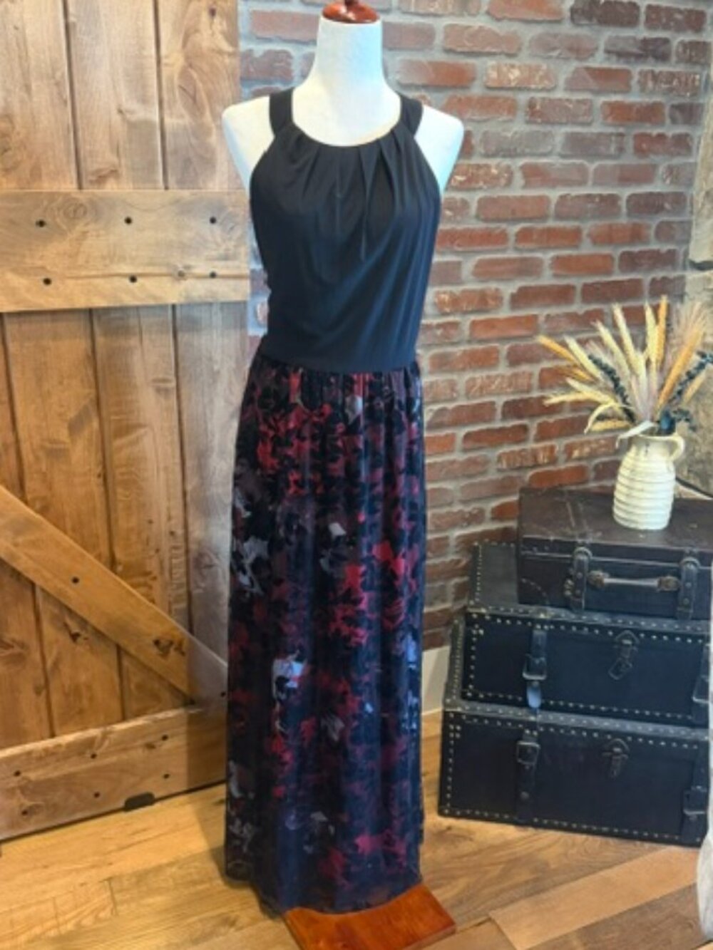 Black Red Velvet Burnout Floral Maxi Dress Formal Evening Gown Sz 16 SLNY